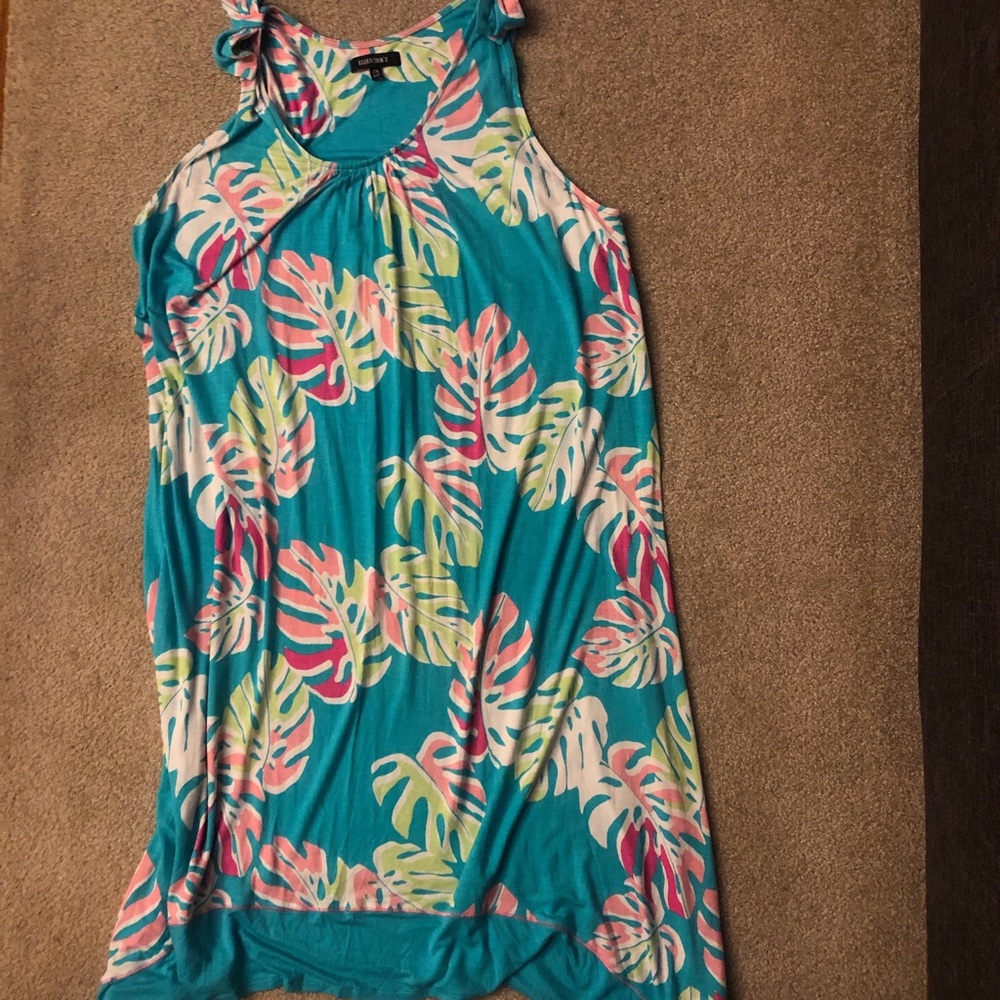 Ellen Tracy Teal Maxi Dress with Pink, Yellow and White Leaf Print